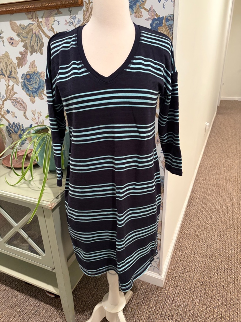 Talbots Striped V-Neck Knit Dress in Navy 
and Light Blue